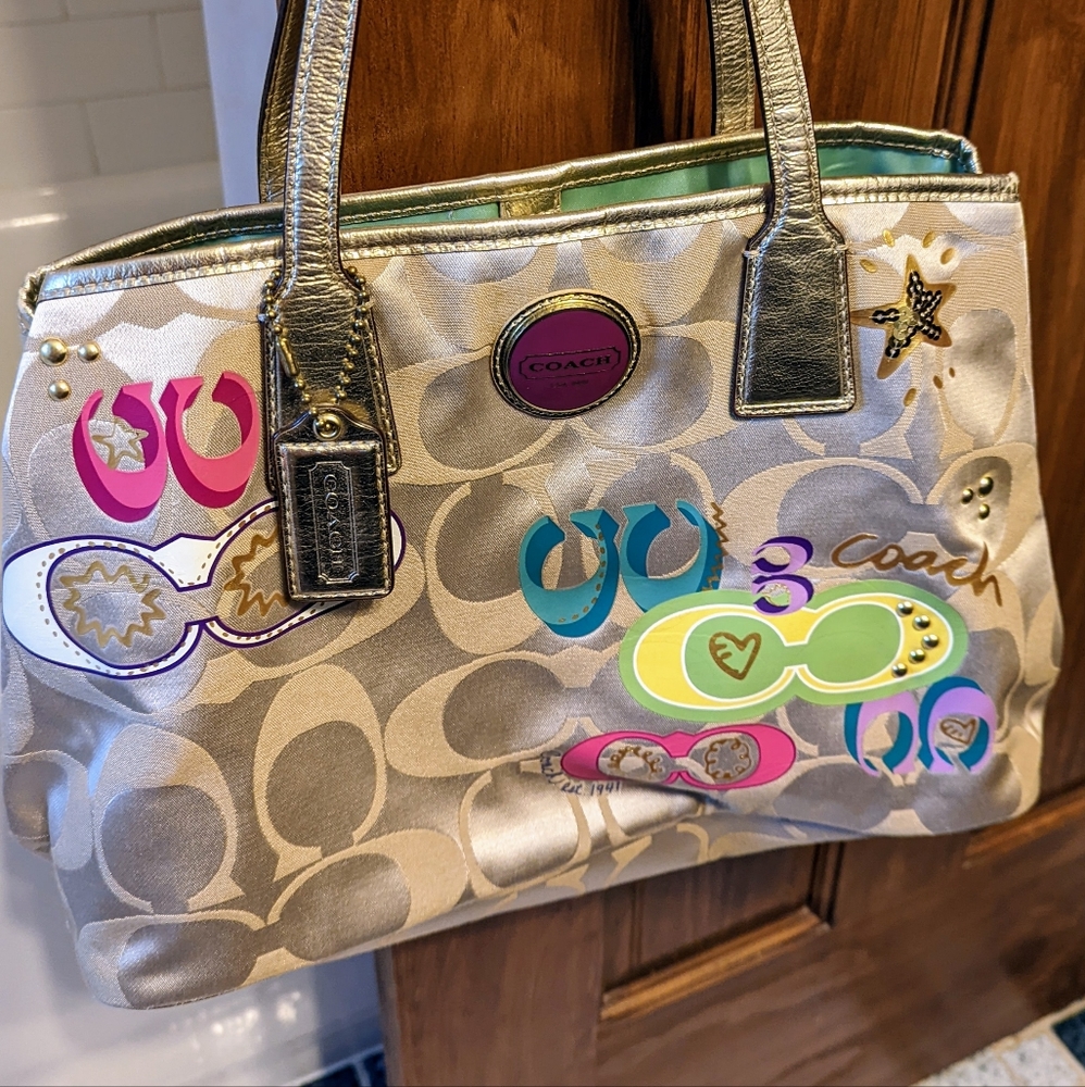 Coach #E1169-F17575 Graffiti Kisslock Oversized Metallic Gold Tote Handbag